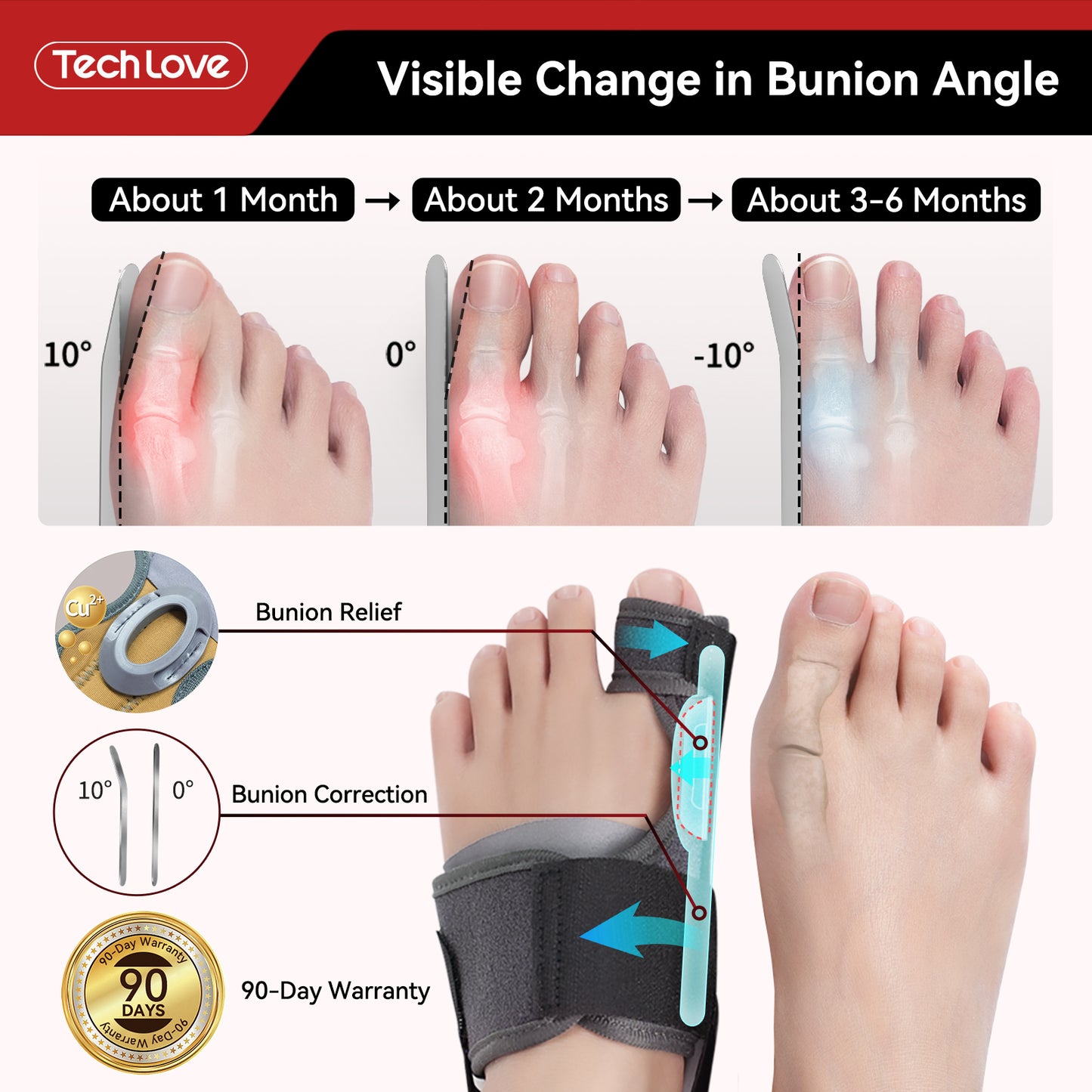 Tech Love Bunion Corrector for Women Men Big Toe 1 Pair, Adjustable Bunion Splint with 2 Angle Bar, Bunion Pads for Bunion Relief, Toe Straightener with Double Non-slip Strap for Day Night Support