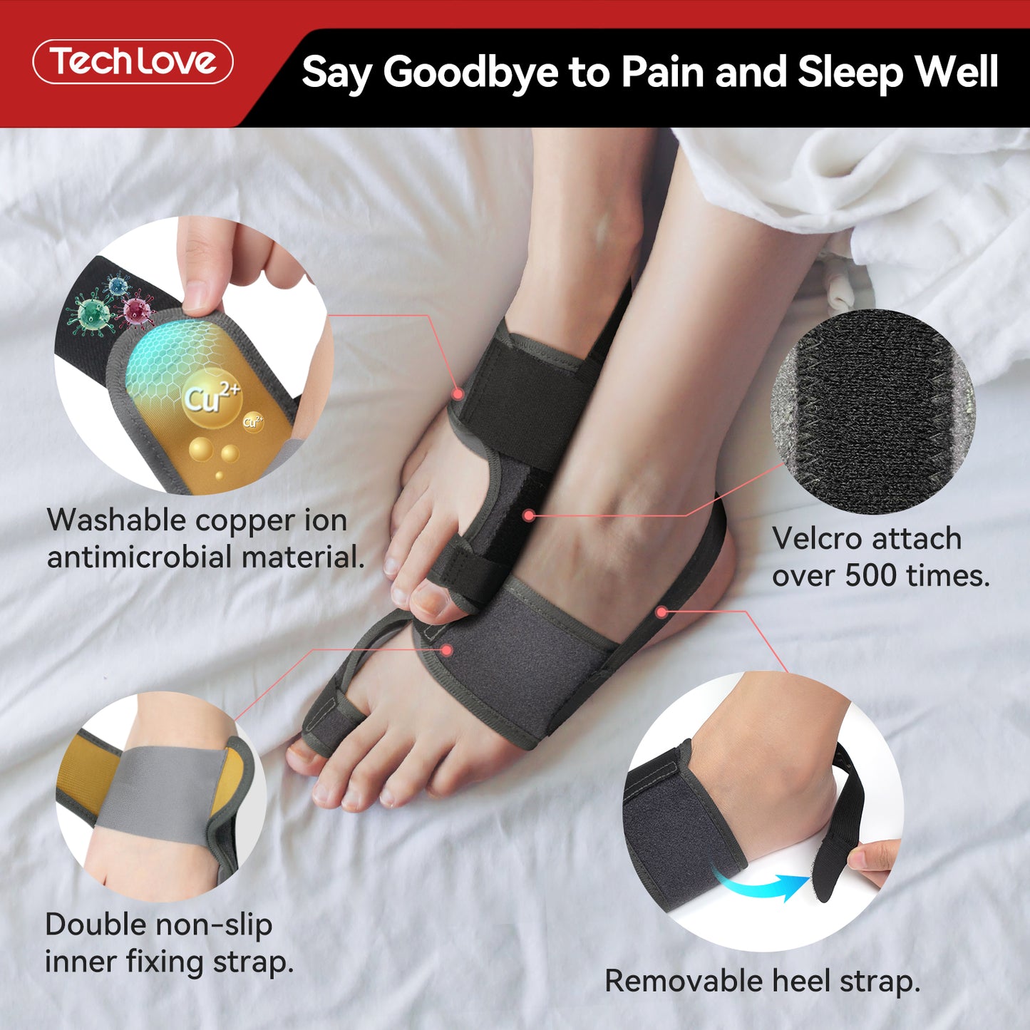 Tech Love Bunion Corrector for Women Men Big Toe 1 Pair, Adjustable Bunion Splint with 2 Angle Bar, Bunion Pads for Bunion Relief, Toe Straightener with Double Non-slip Strap for Day Night Support
