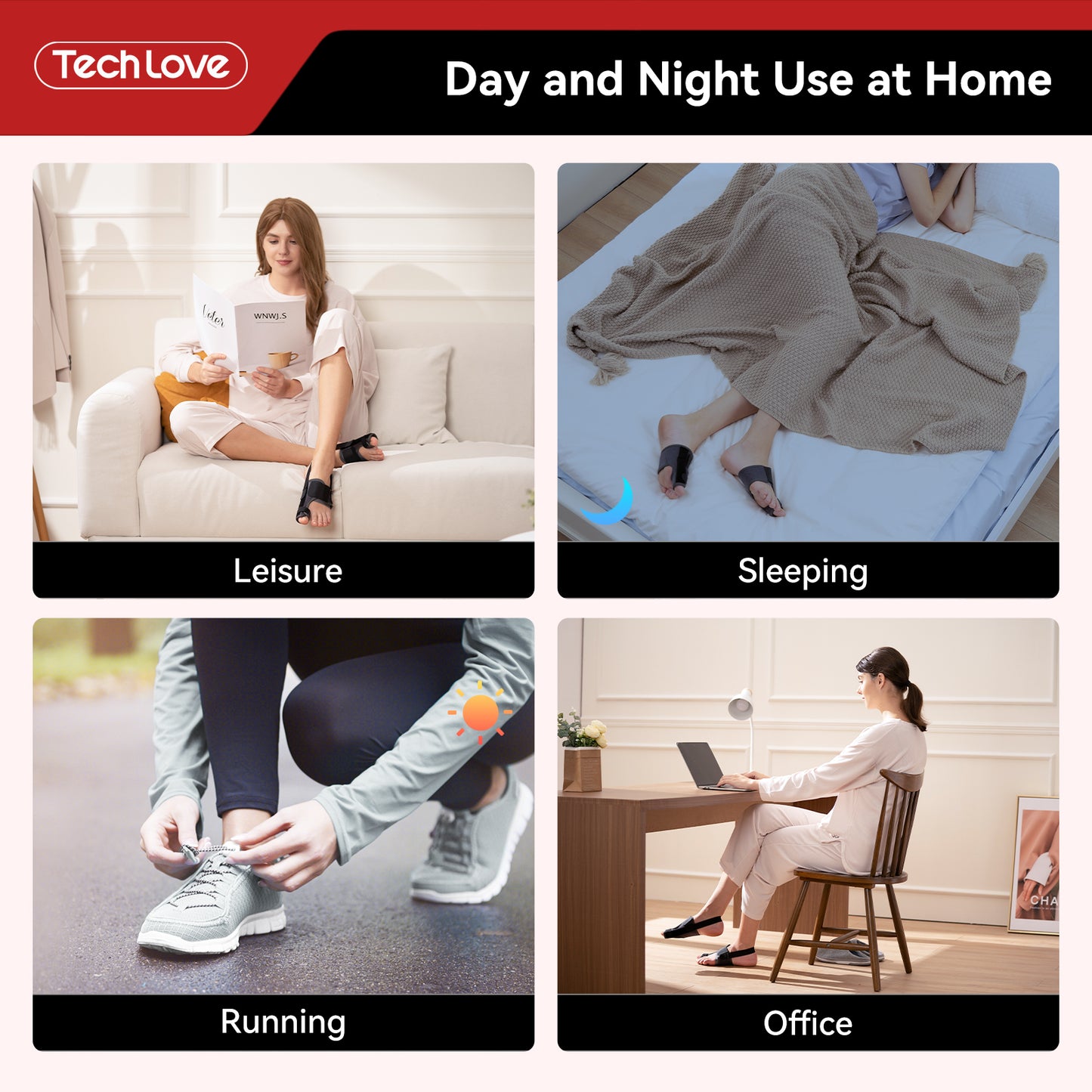 Tech Love Bunion Corrector for Women Men Big Toe 1 Pair, Adjustable Bunion Splint with 2 Angle Bar, Bunion Pads for Bunion Relief, Toe Straightener with Double Non-slip Strap for Day Night Support