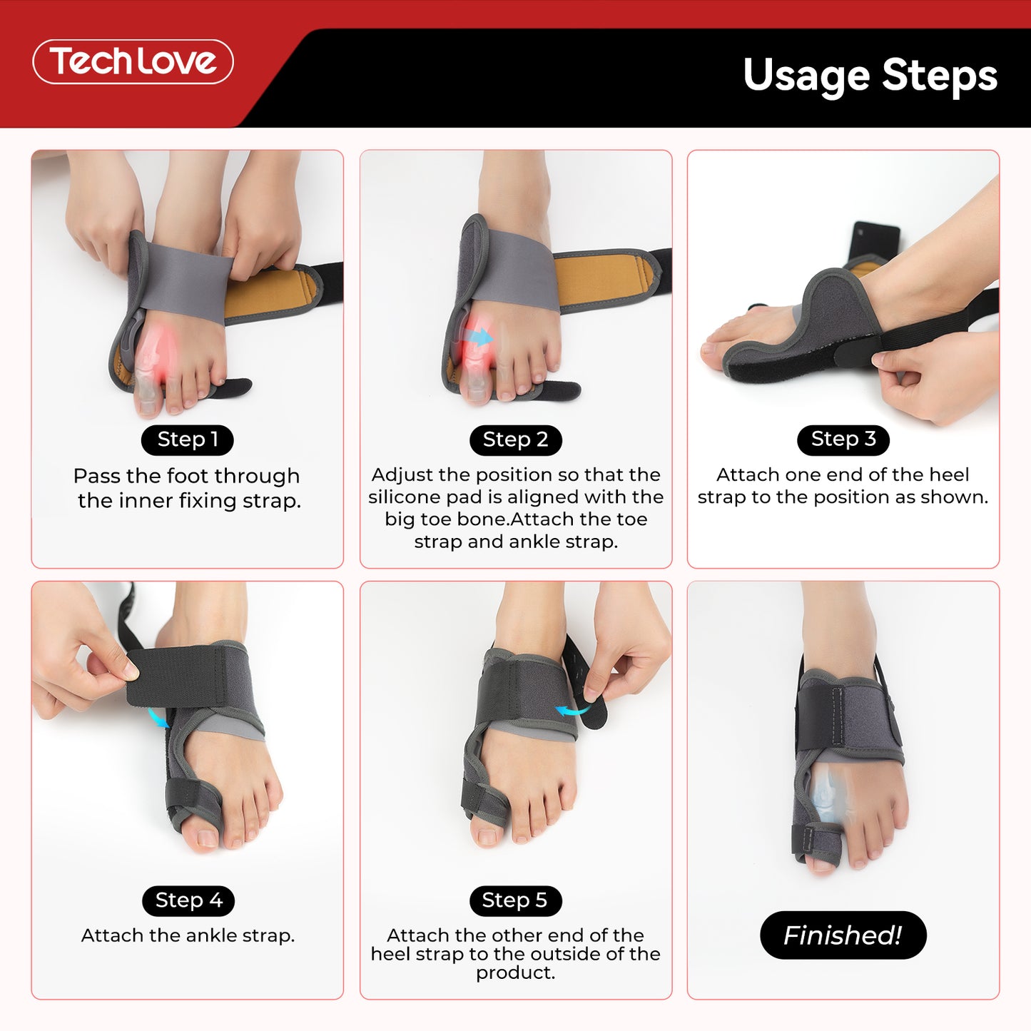 Tech Love Bunion Corrector for Women Men Big Toe 1 Pair, Adjustable Bunion Splint with 2 Angle Bar, Bunion Pads for Bunion Relief, Toe Straightener with Double Non-slip Strap for Day Night Support