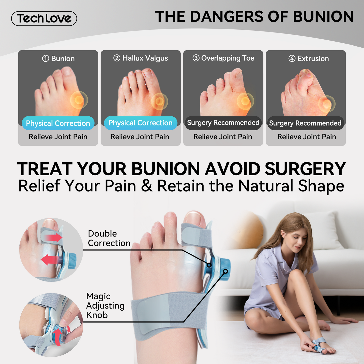 Dual Correction Bunion Corretor for Women & Men Comfortable, Effective Adjustable Knob Orthopedic for Big Toe Relief Bunion Splints Hammer Toe Straightener with Silicone Pad