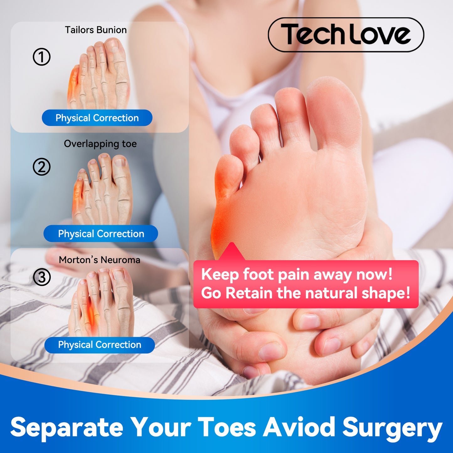 Tech Love 2 Pairs Original Adjustable, Pinky Toe Separators Soft Spacers Tailors Pads to Wear with Shoes, Tail toes Bunion Corrector Foot Pain Relief, Morton’s Neuroma