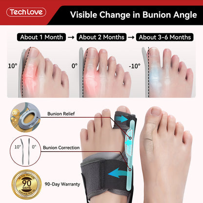 Tech Love Bunion Corrector for Women Men Big Toe 1 Pair, Adjustable Bunion Splint with 2 Angle Bar, Bunion Pads for Bunion Relief, Toe Straightener with Double Non-slip Strap for Day Night Support