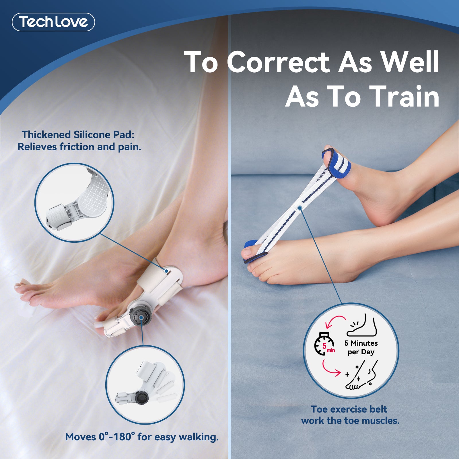 Tech Love Bunion Corrector For Women & Men – Adjustable Knob, Double Correction, Silicone Pad, Toe Straightener