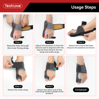Tech Love Bunion Corrector for Women Men Big Toe 1 Pair, Adjustable Bunion Splint with 2 Angle Bar, Bunion Pads for Bunion Relief, Toe Straightener with Double Non-slip Strap for Day Night Support